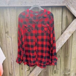 Torrid Red and Black Buffalo Plaid Collared Neckline Button Down Plus Size Shirt